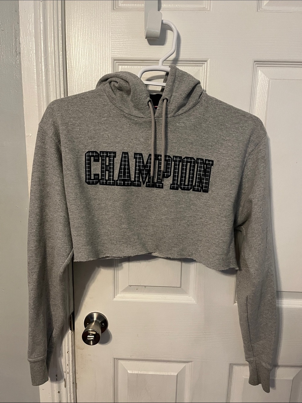Champion Cropped Light Gray Hoodie with Green and Black Logo